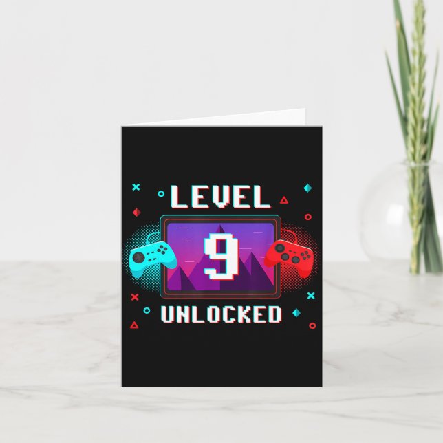 Level 9 Unlocked Video Gamer Funny 9th Birthday Bo Card (Front)