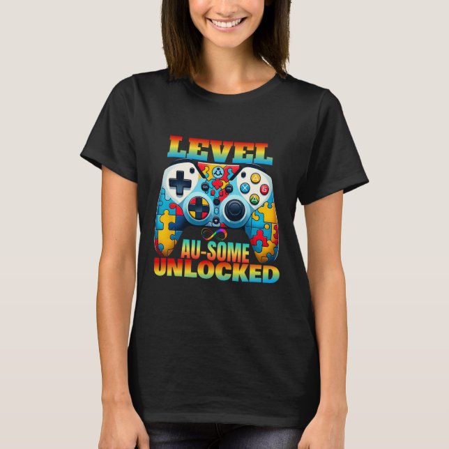 Level Au-some Unlocked Video Game Controller Autis T-Shirt (Front)