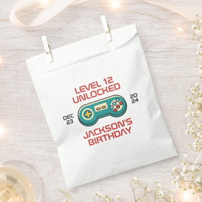 Level Unlocked Retro Gamer Boy Teen Birthday Party Favor Bag (Clipped)