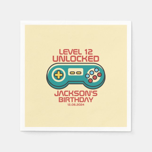 Level Unlocked Retro Gamer Boy Teen Birthday Party Napkins (Front)