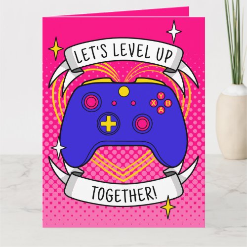 Level Up Blue Gamer Controller Valentines Day Card
