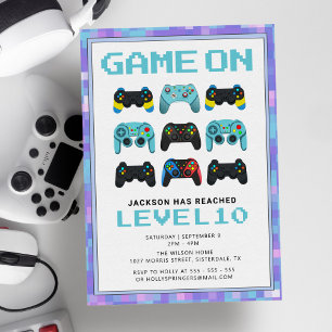 Level Up Colorful Pixels Video Game Boy Birthday Invitation