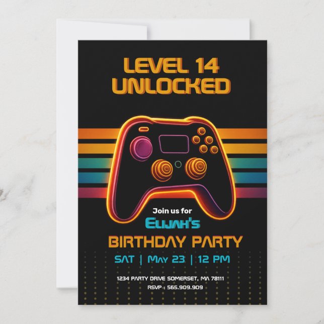 Level Up Gamer Birthday Invitation – Neon Game (Front)