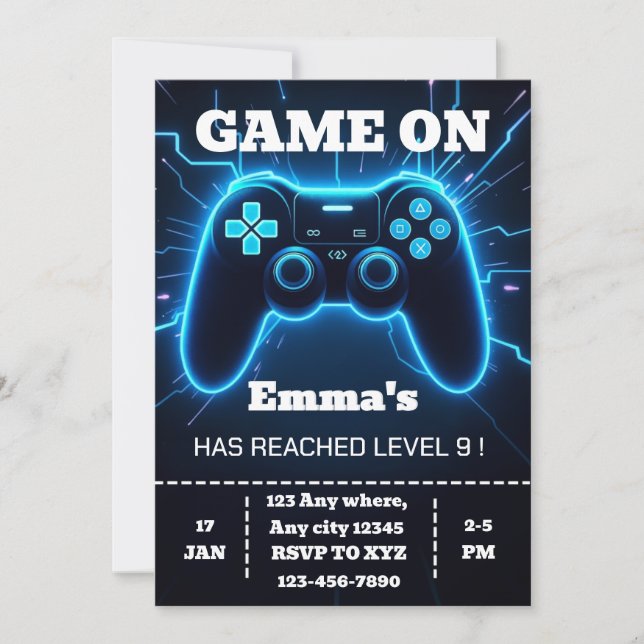 Level Up Gamer Birthday Invitation – Neon Game (Front)