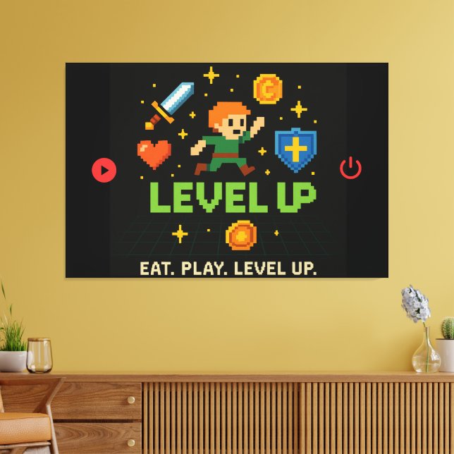 Level Up Gamer Canvas – Pixel Retro Wall Art (Insitu(LivingRoom))