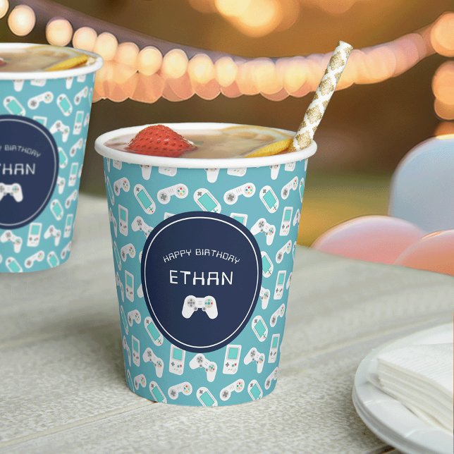 Level Up | Gamer Pattern Personalized Birthday Paper Cups (Creator Uploaded)