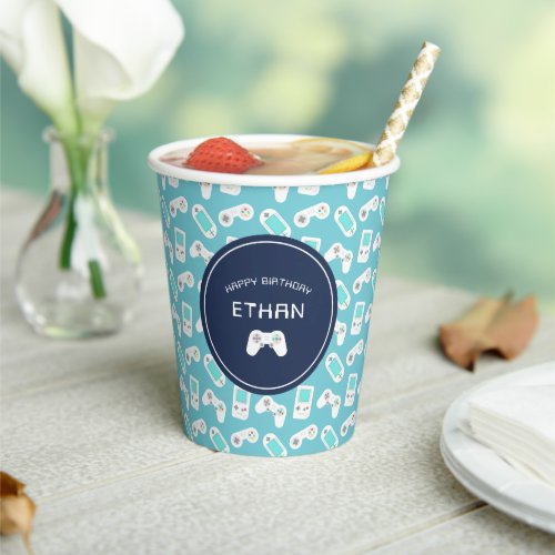 Level Up  Gamer Pattern Personalized Birthday Paper Cups