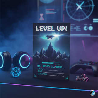 Level Up Gamer Space Sci-Fi Glitch Birthday Invitation