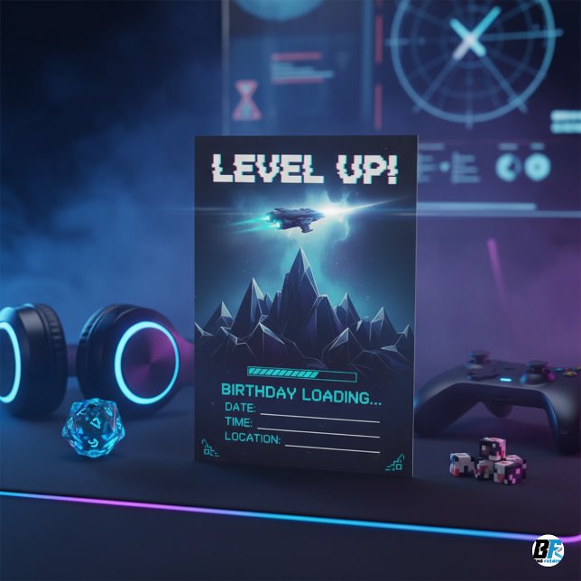 Level Up Gamer Space Sci-Fi Glitch Birthday Invitation (GAMING BIRTHDAY CARD)