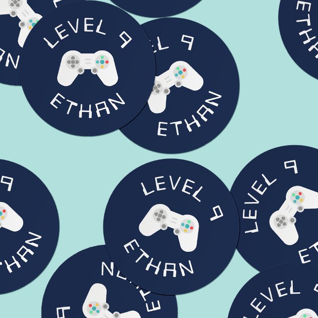 Level Up | Gamer Theme Personalized Birthday Classic Round Sticker (Creator Uploaded)