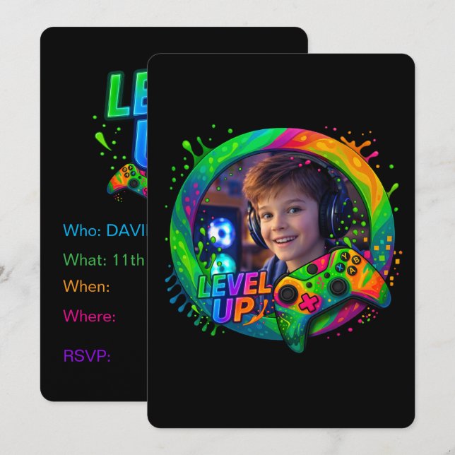 Level Up,  Gamer themed custom photo invitation (Front/Back)