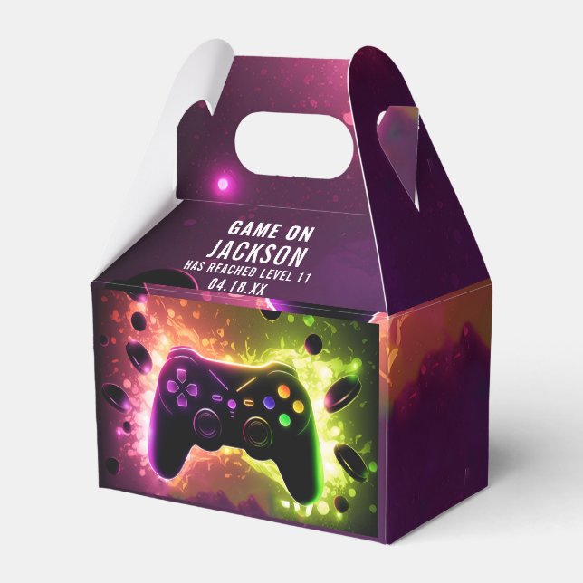  Level Up! Neon Video Game Birthday Party Favor Boxes (Back Side)