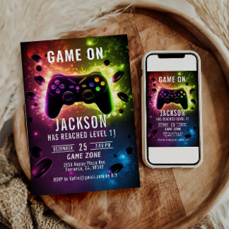 Level Up! Neon Video Game Birthday Party Invitation