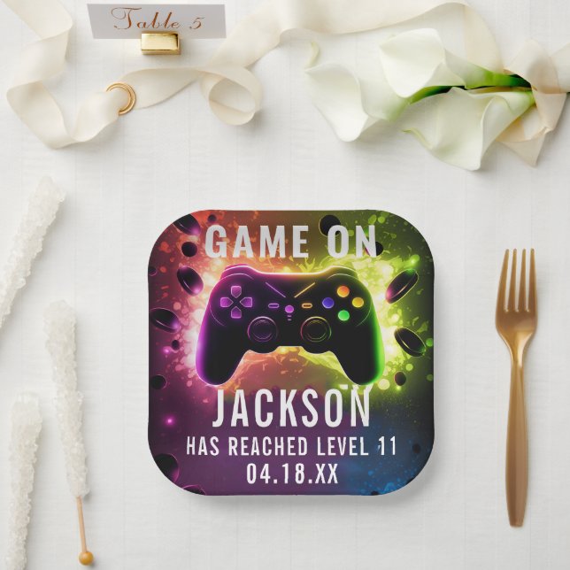  Level Up! Neon Video Game Birthday Party Paper Plates (Wedding)