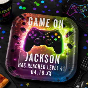 Level Up! Neon Video Game Birthday Party Paper Plates