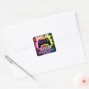  Level Up! Neon Video Game Birthday Party Square Sticker