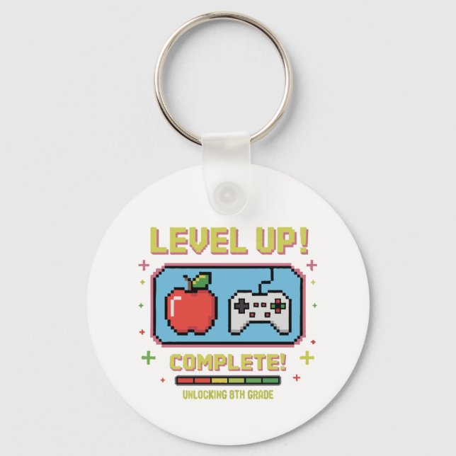 Level Up to 8th Grade Unlocked | Funny Gamer  Keychain (Back)