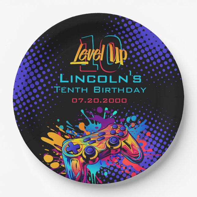 Level Up Video Game Controller Birthday Paper Plates (Front)