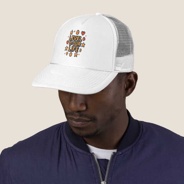 "Level Up Your Life" – Pixel Art Motivational Desi Trucker Hat (In Situ)