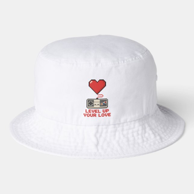 Level Up Your Love, Retro Pixel Gaming Design Bucket Hat (Front)