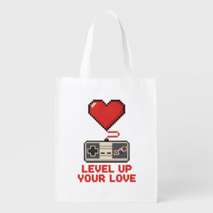 Level Up Your Love, Retro Pixel Gaming Design Grocery Bag