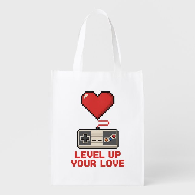 Level Up Your Love, Retro Pixel Gaming Design Grocery Bag (Front)