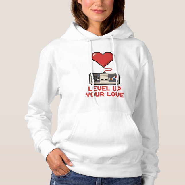 Level Up Your Love, Retro Pixel Gaming Design Hoodie (Front)