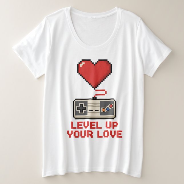 Level Up Your Love, Retro Pixel Gaming Design Plus Size T-Shirt (Design Front)