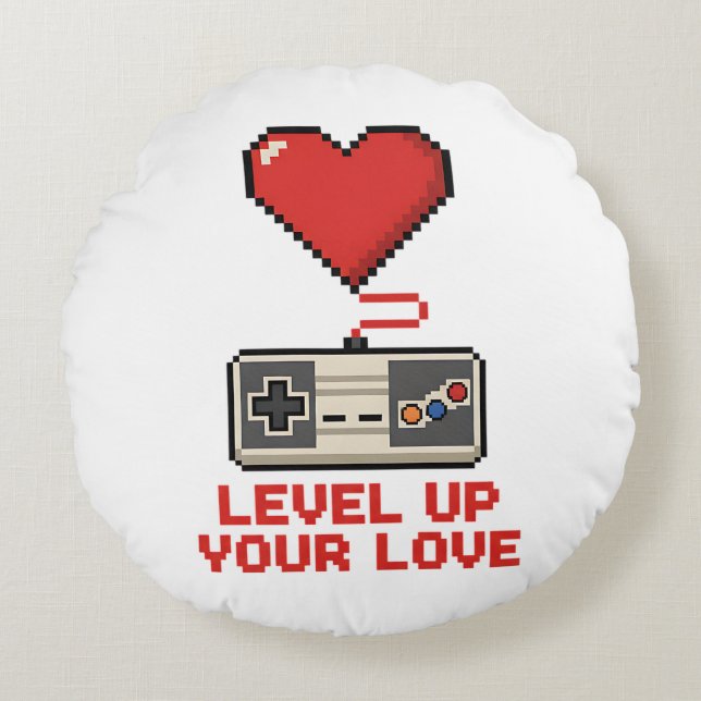 Level Up Your Love, Retro Pixel Gaming Design Round Pillow (Front)