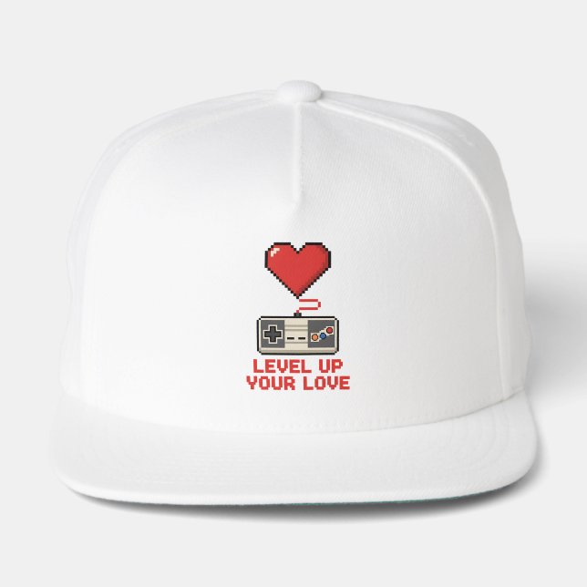 Level Up Your Love, Retro Pixel Gaming Design Snap Back Hat (Front)