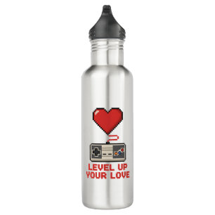 Level Up Your Love, Retro Pixel Gaming Design Stainless Steel Water Bottle