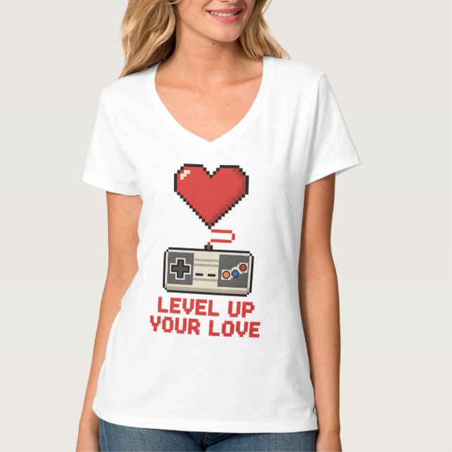 Level Up Your Love, Retro Pixel Gaming Design T-Shirt (Front)