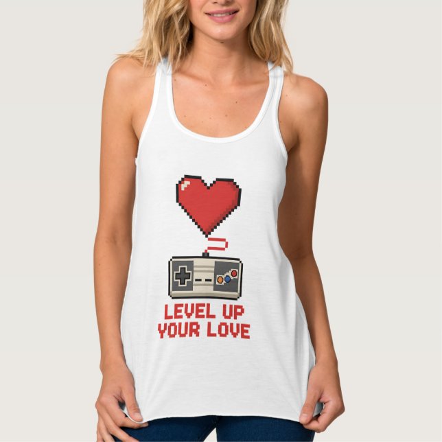 Level Up Your Love, Retro Pixel Gaming Design Tank Top (Front)