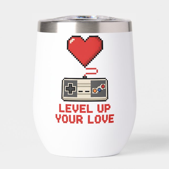 Level Up Your Love, Retro Pixel Gaming Design Thermal Wine Tumbler (Front)