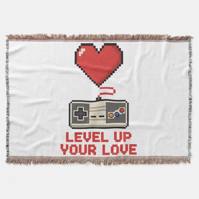 Level Up Your Love, Retro Pixel Gaming Design Throw Blanket (Front)