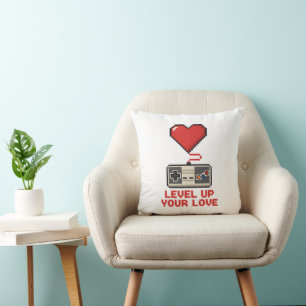 Level Up Your Love, Retro Pixel Gaming Design Throw Pillow