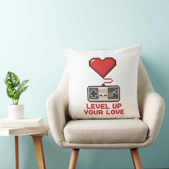 Level Up Your Love, Retro Pixel Gaming Design Throw Pillow (Chair)