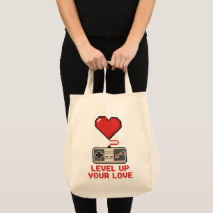 Level Up Your Love, Retro Pixel Gaming Design Tote Bag