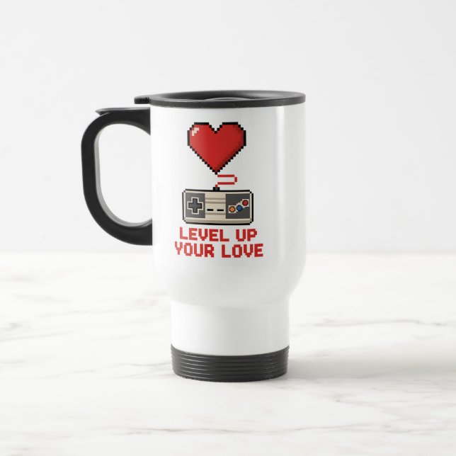 Level Up Your Love, Retro Pixel Gaming Design Travel Mug (Left)