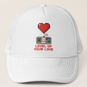 Level Up Your Love, Retro Pixel Gaming Design Trucker Hat