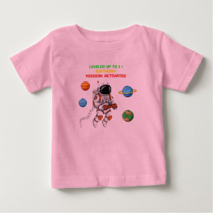 Leveled Up to 1 Retro Gamer Astronaut 1st Birthday Baby T-Shirt