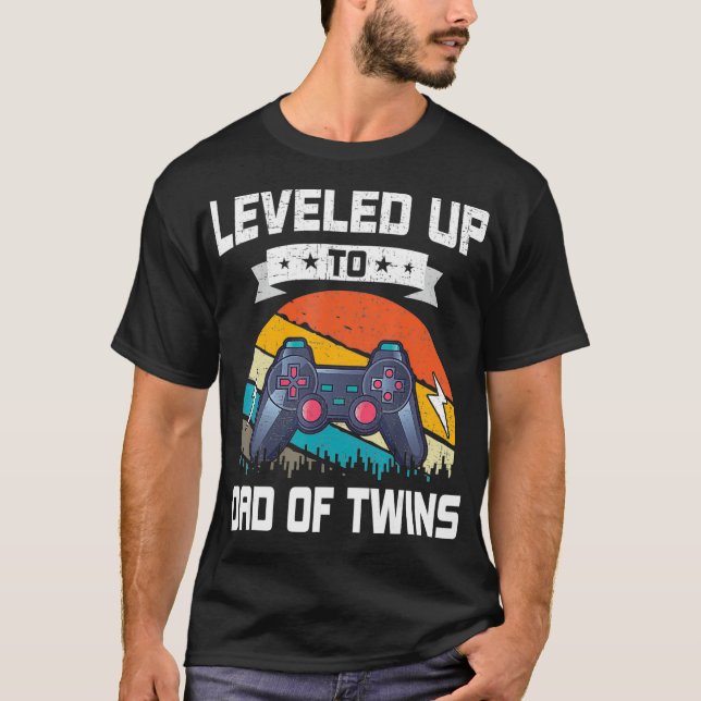 Leveled up to Dad Of Twins Video Gamer Gaming T-Shirt (Front)