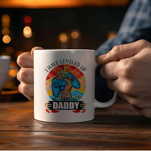 Leveled Up to Daddy, Retro Pregnancy Announcement Coffee Mug