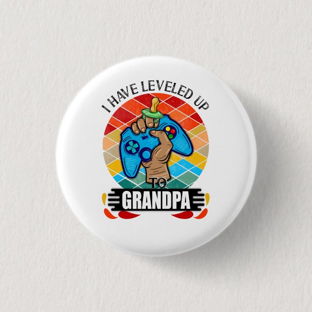 Leveled Up to Grandpa, Retro Funny Pregnancy  Button (Front)