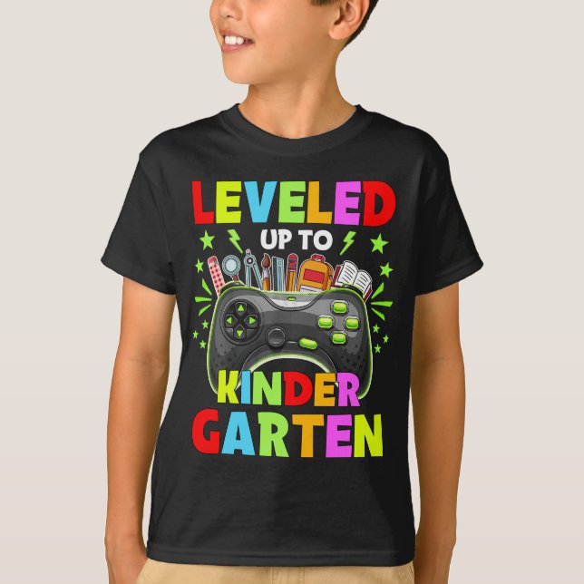 Leveled up to Kindergarten Back to School gamer T-Shirt (Front)