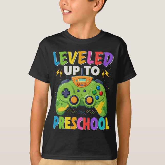 Leveled Up To Preschool Gamer Back To School Boys  T-Shirt (Front)