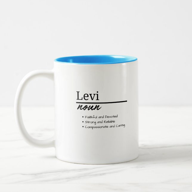 Levi, Boy Personalized Name Definition Two-Tone Coffee Mug (Left)