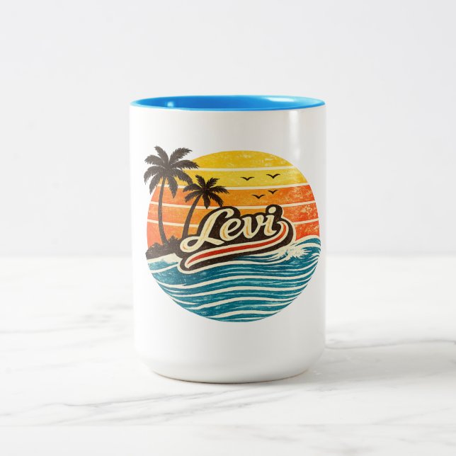 Levi Retro Sunset Name Design Two-Tone Coffee Mug (Center)