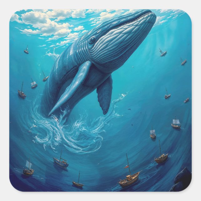 Leviathan’s Flight to Freedom – Surreal Whale Art Square Sticker (Front)