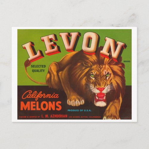 Levon Calfironia Melons VIntage Crate Label _ Lion Postcard